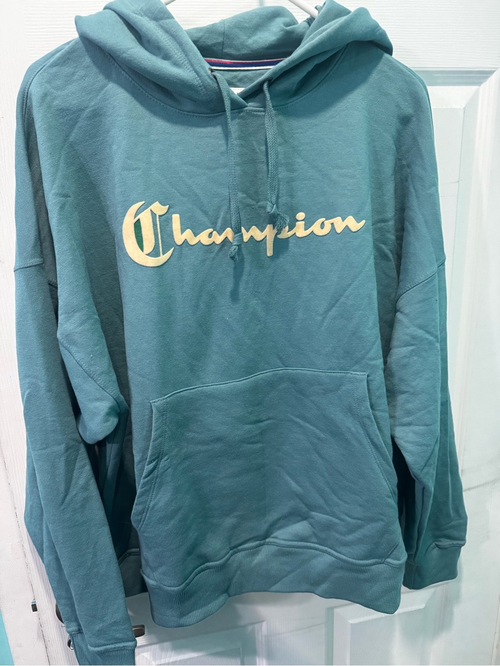 Champion women’s Teal Crewneck Hoodie with Cream Script Logo